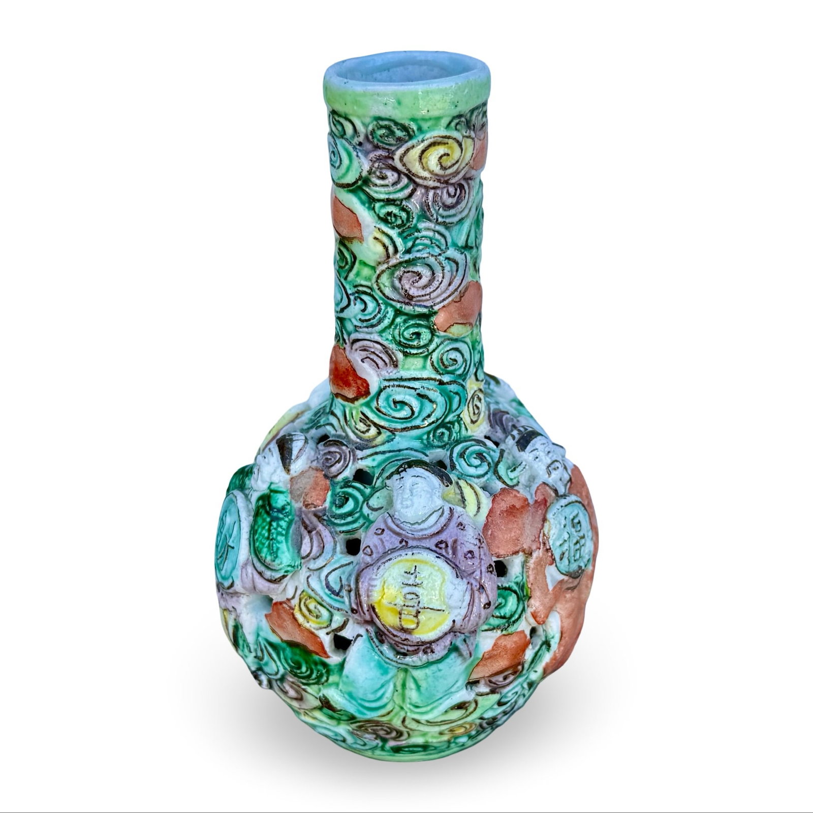 Chinese Famille Verte Immortals Vase: Antique Chinese Famille Verte reticulated bottle or vase, with a hollow-engraved body, addorned with high-relief Daoist figures shown amidst a pierced lattice background with cloud motifs. Attributed 