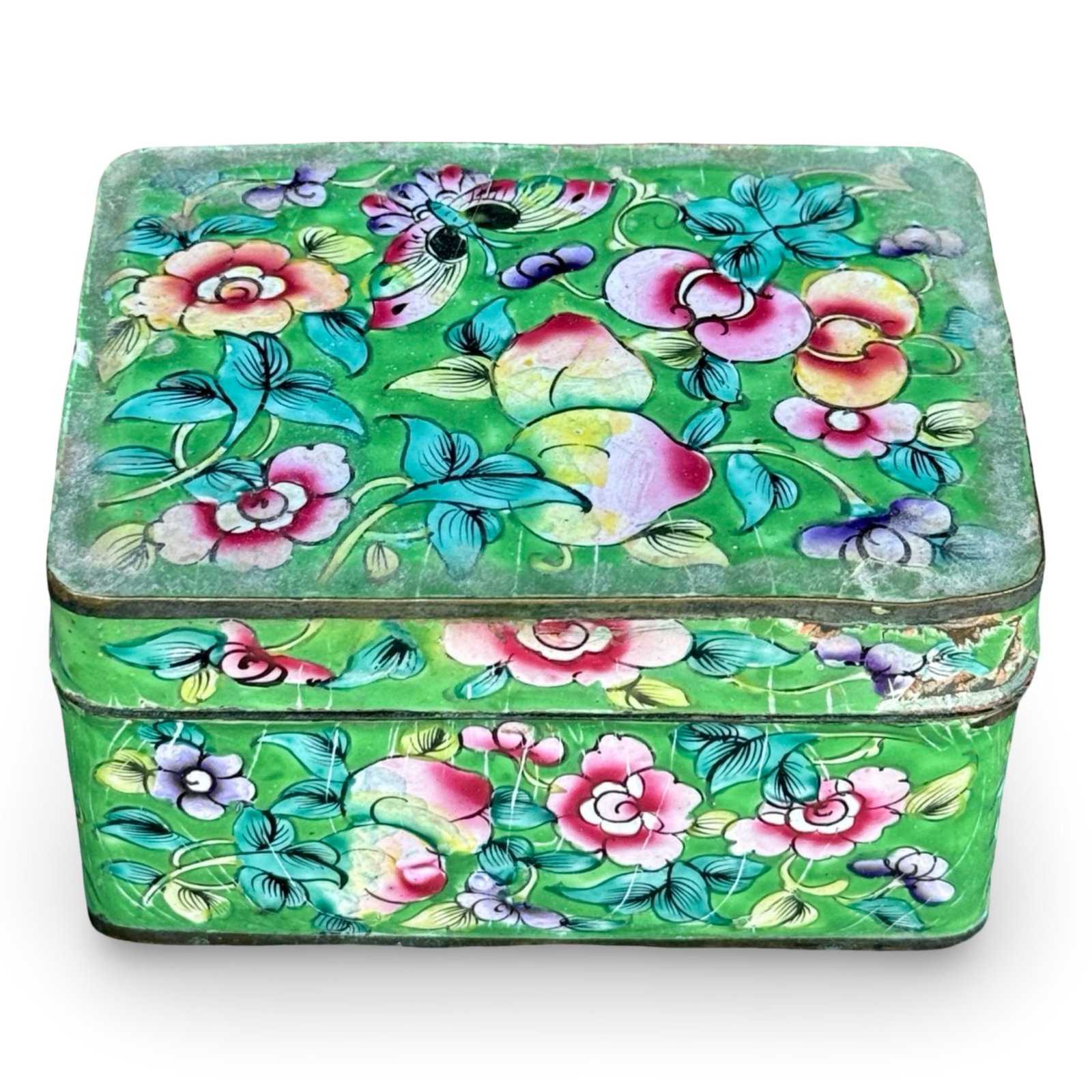 Chinese Canton Enamel Box: Chinese Canton enamel trinket box with peaches, butterflies, and floral motifs on green ground. Approx. Dimensions: 2.5H x 4.25W x 3D inches