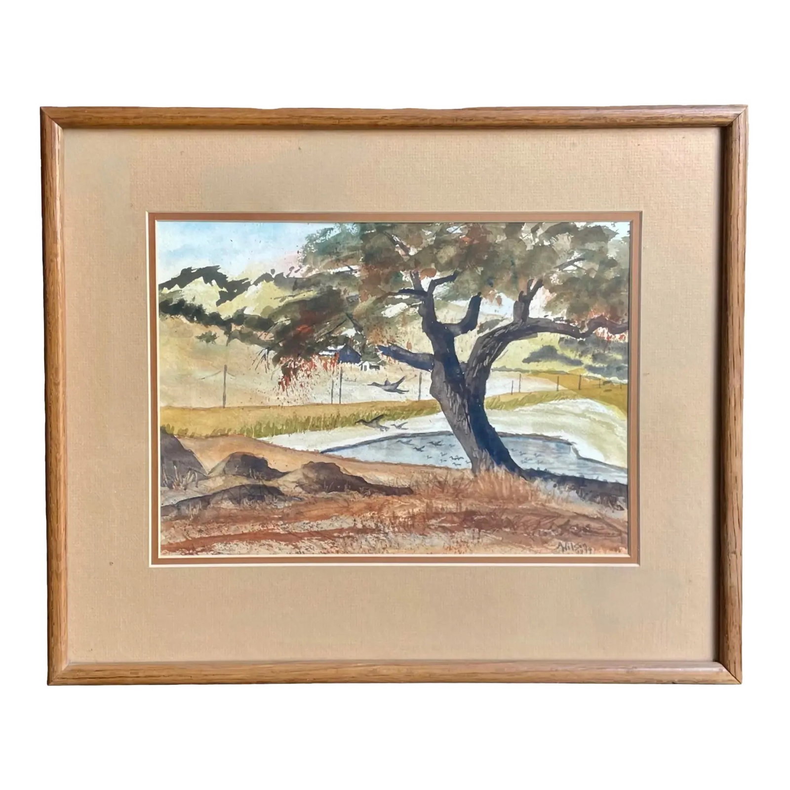Americana Thompson Landscape Watercolor: Leo Thompson landscape watercolor painting, vintage Americana rural pastoral scene with farmhouse. Matted and framed with certificate and framer's label affixed to the reverse. Approx. Dimensions: 16H
