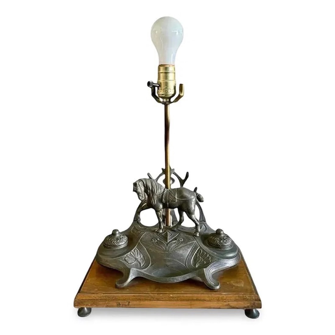 Equestrian Bronze Inkwell Lamp: Equestrian horse bronze inkwell lamp. Approx. Dimensions: 20H x 11W × 7D inches