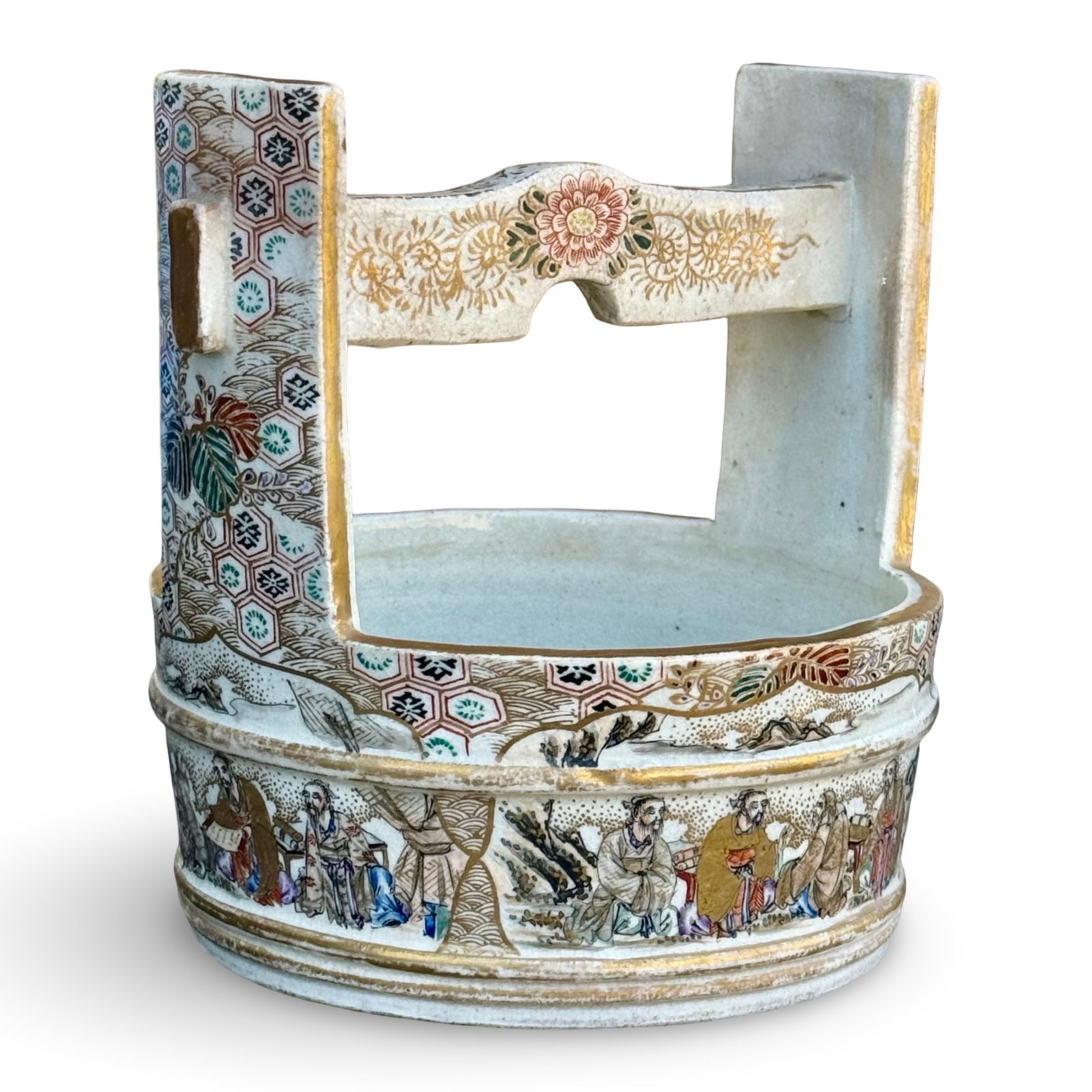 Meiji Satsuma Teoke Bucket Vase: Japanese Meiji-style satsuma teoke 'well-bucket' vase with painted design and gilt detailing. Approx. Dimensions: 6H x 5.5W 5.5D inches