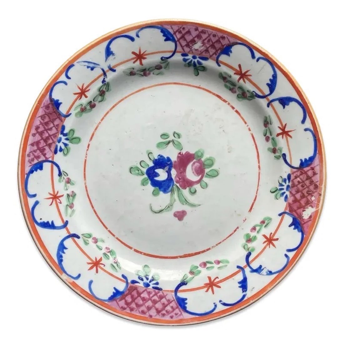 Antique Chinese Export Imari Porcelain Plate: Chinese export Imari porcelain plate with blue, red, and gilt decoration, floral motifs, Famille Rose palette, Qianlong or Jiaqing period.