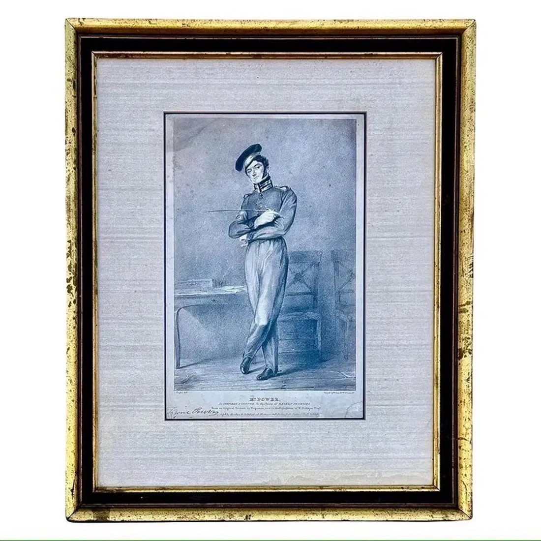 Portrait Engraving of Actor Tyrone Power: Antique engraving of Irish actor Tyrone Power in the role of Corporal O'Connor from the opera titled Broken Promises. Matted and set in giltwood frame with type-written info sheet affixed to back. App