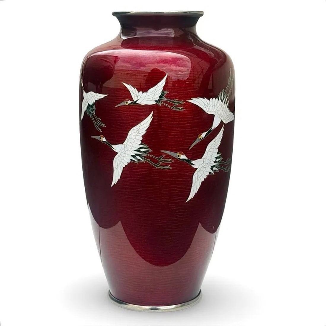 Japanese Ginbari Cloisonne Crane Vase: Japanese Ginbari pidgeon-blood cloisonné vase with cranes in flight. Marked on base. Approx. Dimensions: 10H x 6W × 6D inches