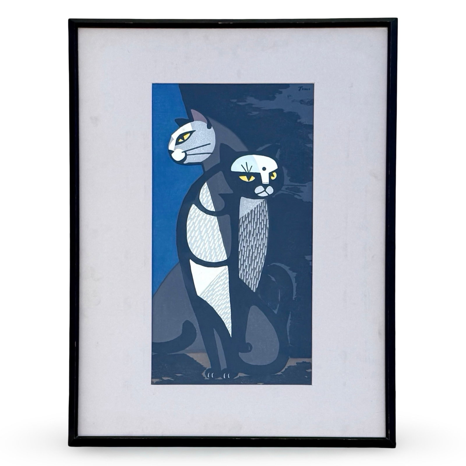 Tomoo Inagaki Cat at Midnight Print: Mid-century Japanese woodblock print Cat at Midnight by Tomoo Inagaki (1902–1980), S?saku-hanga movement, original polychrome woodblock with stylized geometric cats, with carved block signature with