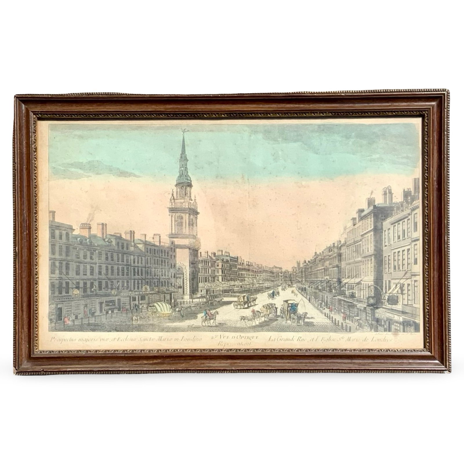 Vue de Optique Antique Enraving: Antique hand-colored Vue d'Optique print depicting The Church of St. Mary-le-Bow and Cheapside, London.