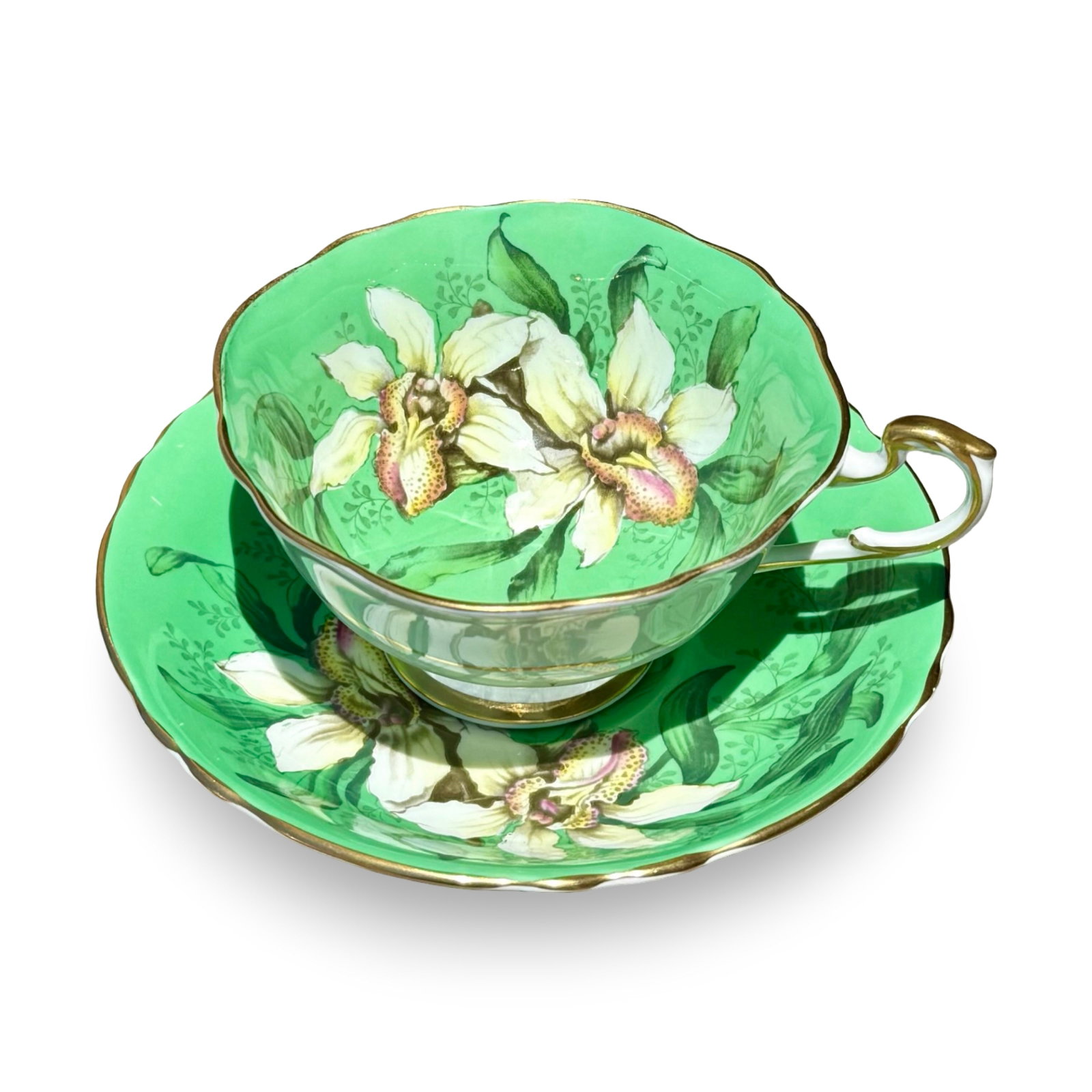Paragon Orchid Teacup Saucer: Vintage Paragon Fine Bone Chine teacup and saucer set with orchid floral decoarion on green ground. Marked with double-warrant backstamp. Teacup Approx. Dimensions: 5W x 4D x 2.25H inches Saucer