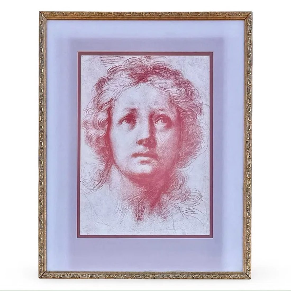 Baroque Cherub Figural Drawing LA School: Italian Baroque style figural drawing attributed to Franceschini, showcasing refined tonal detail, custom framed with red matting, Los Angeles framing label.