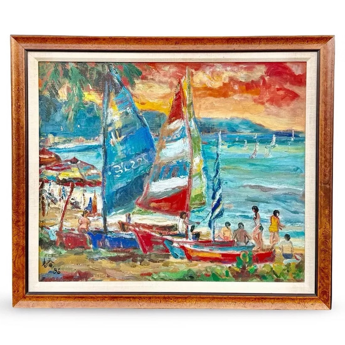 Japanese Impressionist Seascape Painting: Large signed vintage Japanese oil on canvas painting dated 1986, impressionist coastal seascape with sailboats, beach figures. Set in burl wood frame.