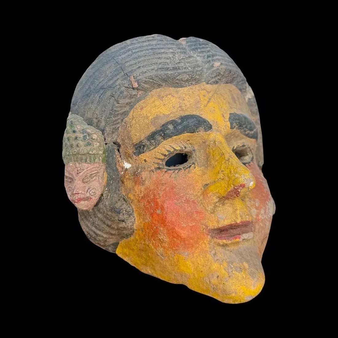 Old Polychrome Mask Wall Art: Guatemala style carved wood dance mask with polychrome finish, figural face and secondary motif.