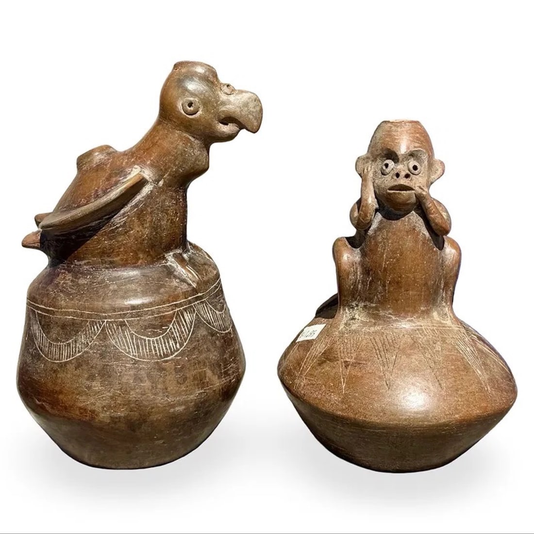 Pre-Columbian Effigy Pottery Vessels: Pair of Pre-Columbian style pottery effigy vessels with bird and monkey forms, earthenware construction, South American Chimu or Chorrera influence.