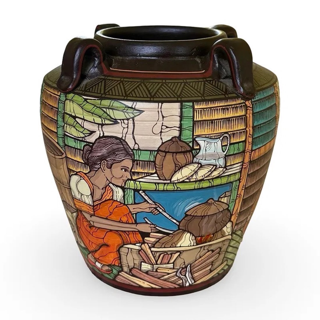 Philippine Folk Art Painted Vessel Jar: Hand-painted Philippine folk art clay jar vessel with painted 4-panel design, loop handles, and original “Made in Philippines” label. Approx. Dimensions: 8.5H x 8.5W x 8.5D inches