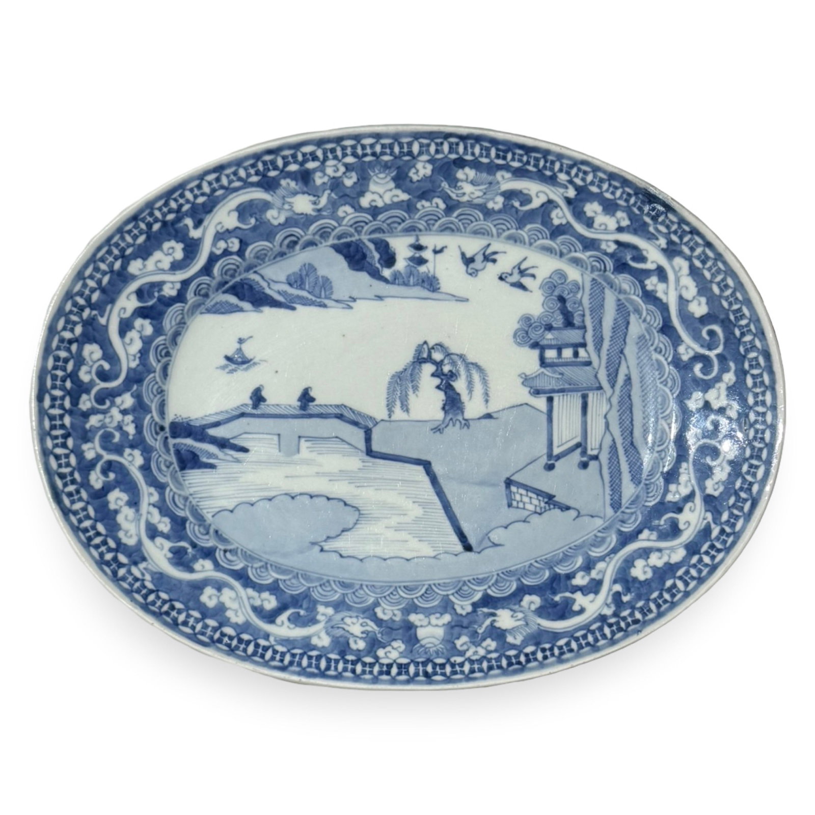 Meiji Arita Japanese Platter Plate: Meiji Japanese Arita attributed porcelain crossover platter with blue Canton-style landscape. Likely Meiji–Taisho export ware 1868–1921 with Arita origin (Japanese interpretation of Chinese Canton