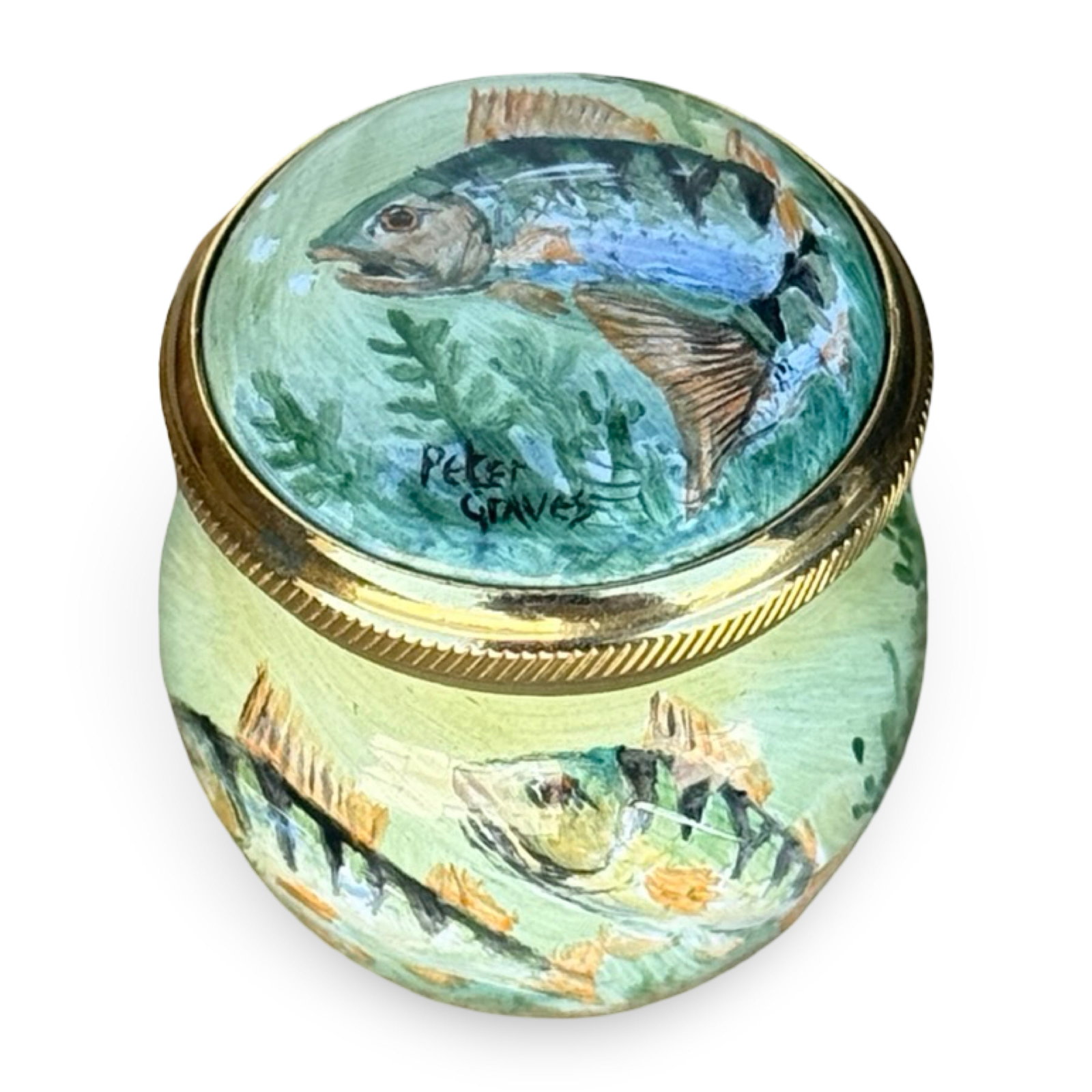 Elliot Hall Wildlife Fish Trinket Box: Elliot Hall Enamels wildlife trinket box with hand-painted fish and gold-tone hardware.Signed by artist, Peter Graves and marked. Approx. Dimensions: H × W × D inches
