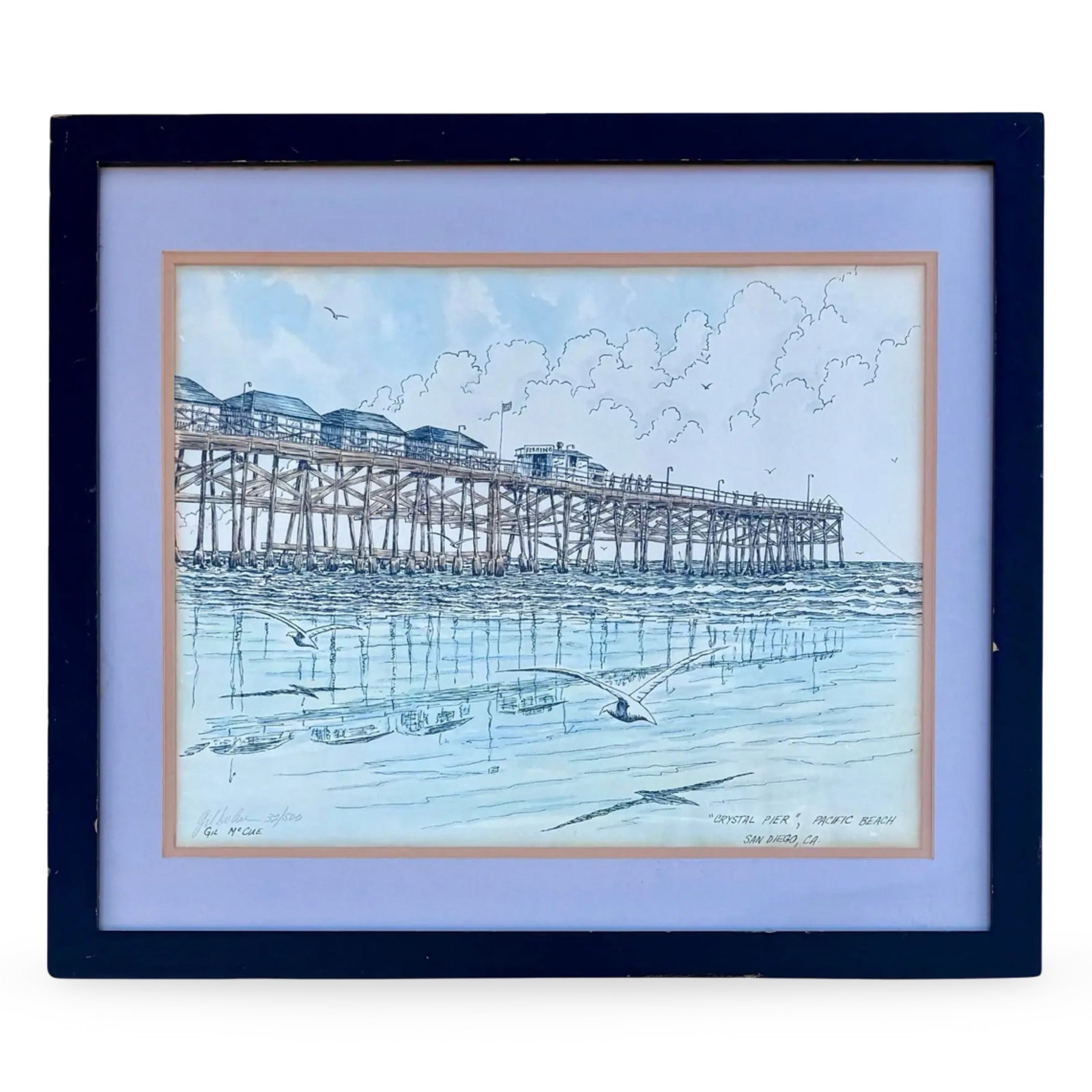 Signed Crystal Pier San Diego Art: Signed limited edition California coastal art Crystal Pier print by San Diego artist Gil McCue, numbered 32/500, of the Pacific Beach. Titled, signed, matted, and framed under glass in a black wood