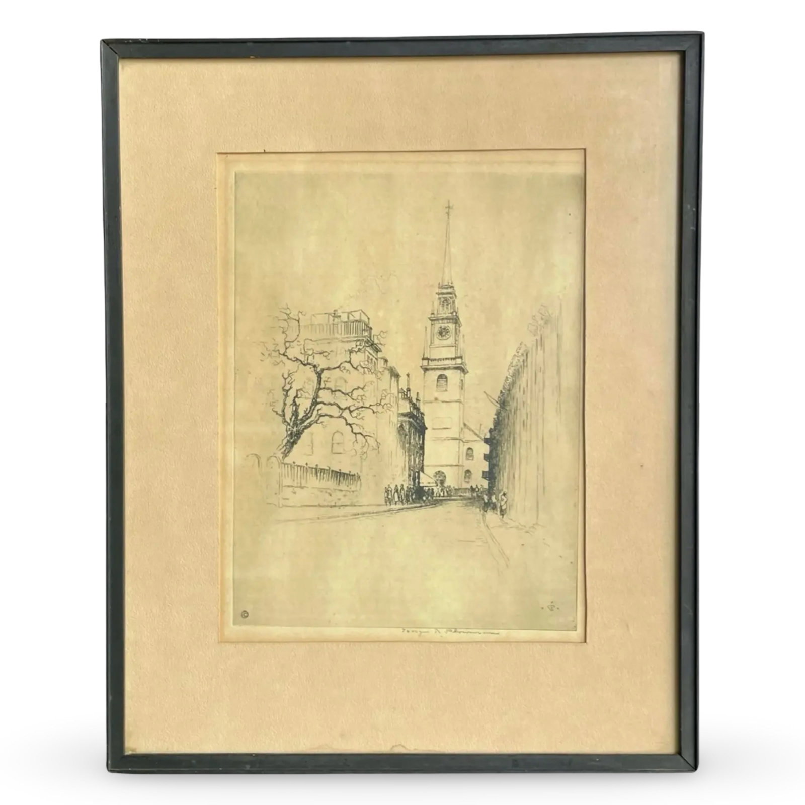 Historical Boston Church Lithograph: Vintage Boston's Old North Church lithograph, historical architectural print, signed in plate and by hand, matted and framed under glass. Housed in the original Jordan Marsh Company Picture Galleries