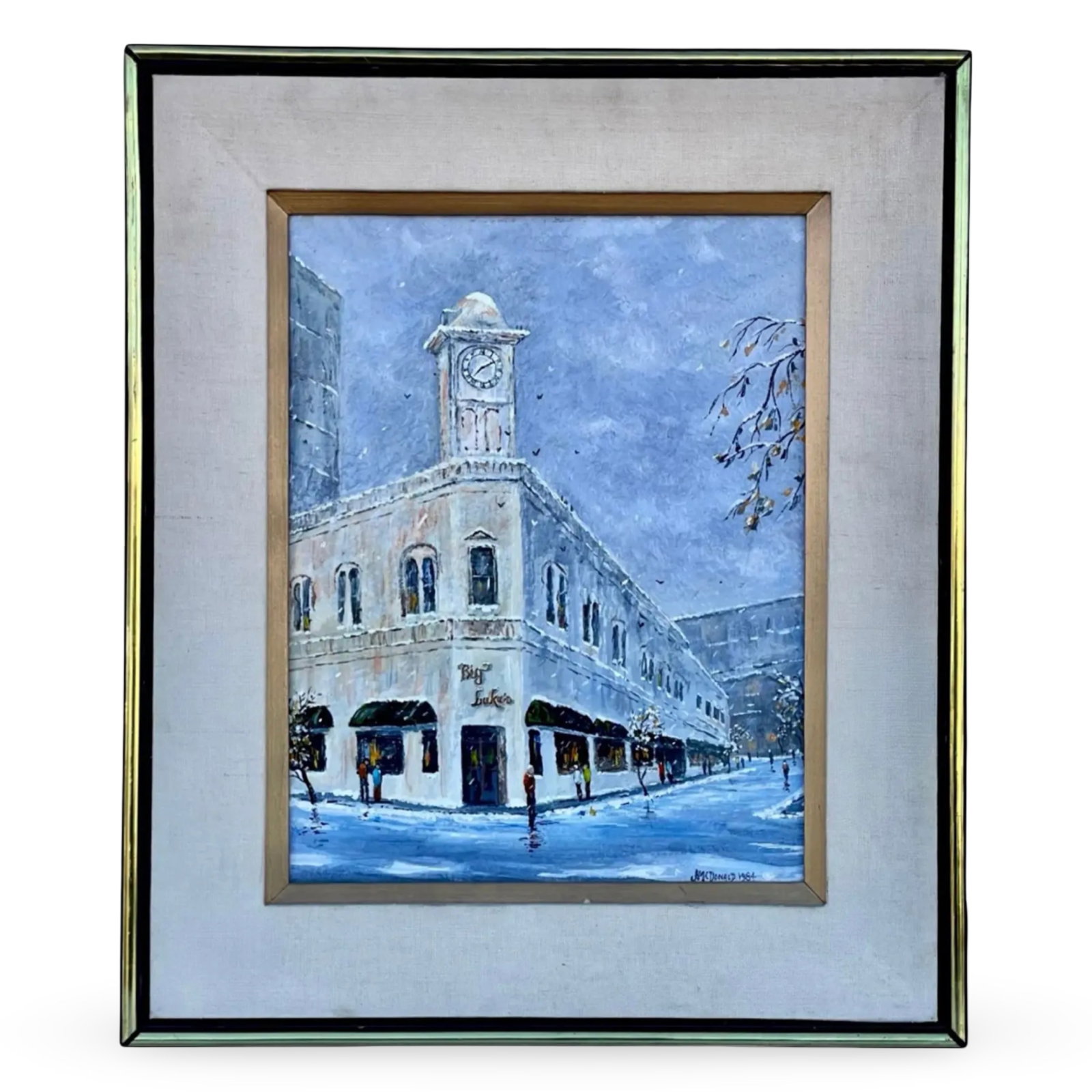 Winter Street Landscape Oil Painting: Signed 1984 oil on canvas painting by J. McDonald, winter street scene landscape with snow-covered architecture and quiet village setting. Matted and framed in a custom wood frame, signed and dated by