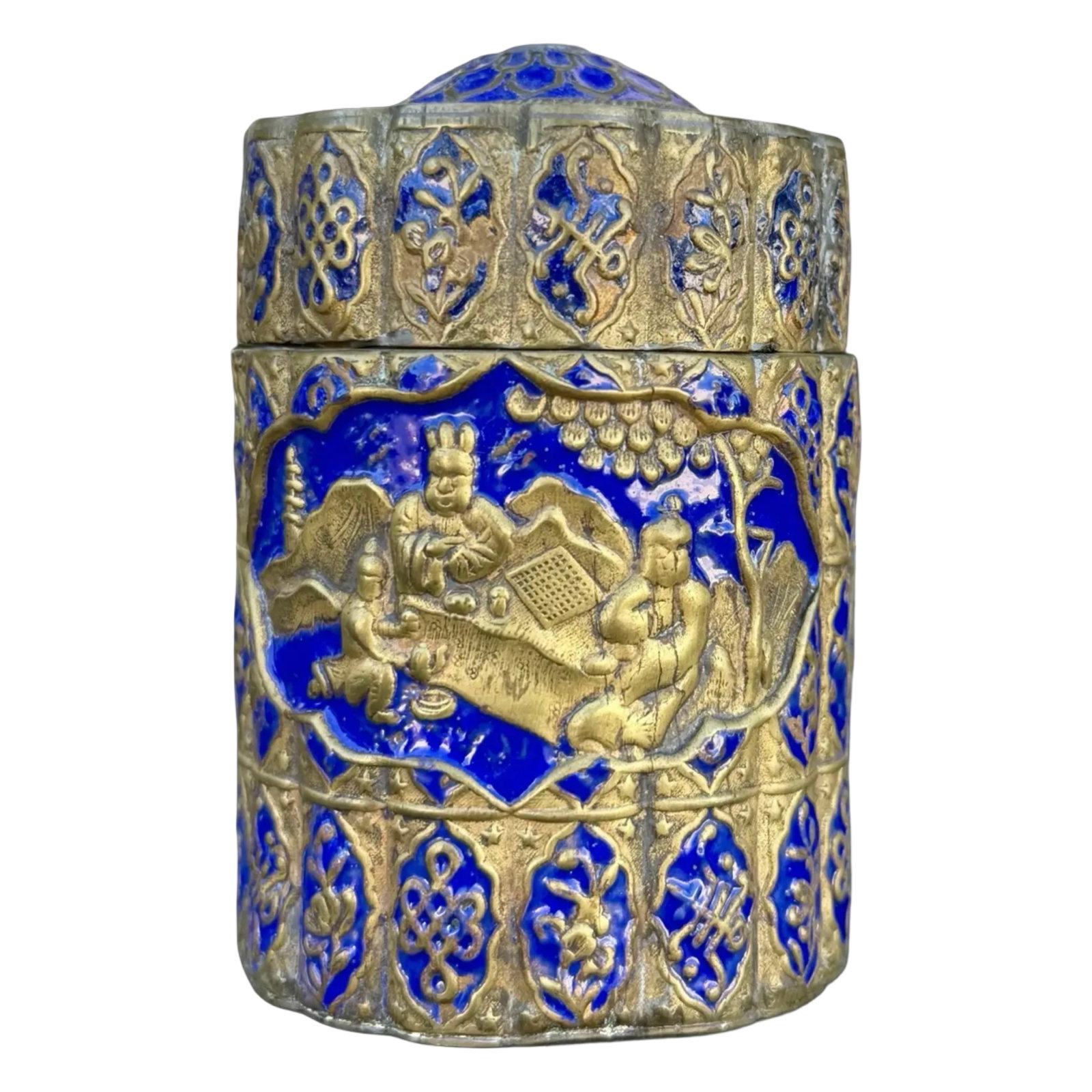 Antique Chinese Enamel Box: Antique Chinese enamel box, Qing Dynasty, deep blue cloisonné or painted enamel with gilt decoration and traditional Chinese motifs on a gilt metal body. Decorative lidded box for tea, trinkets, or