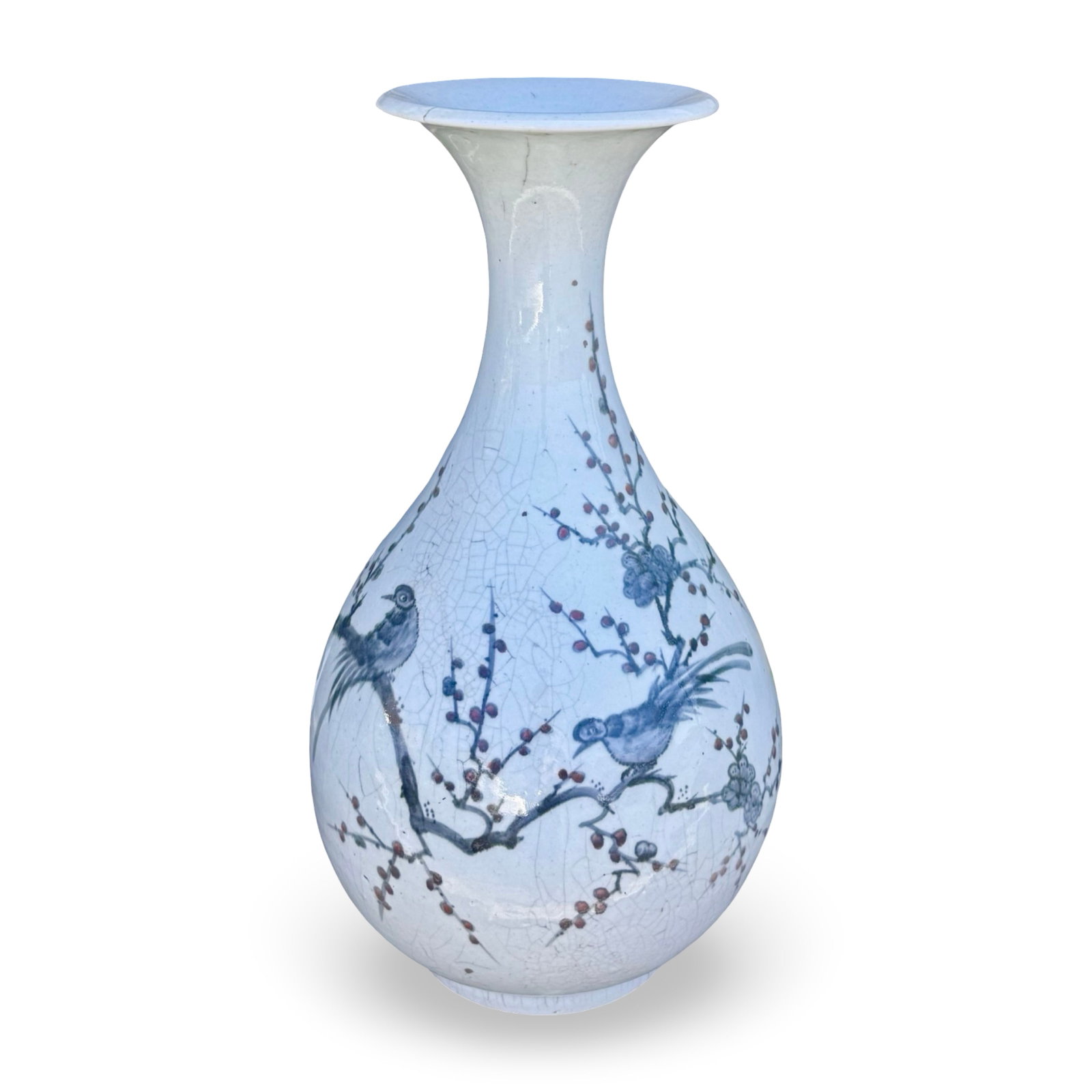 Large Chinese Yuhuchunping Prunus Vase: Large Chinese Yuhuchunping porcelain vase, with painted birds and traditional Chinese plum blossom motifs. Approx. Dimensions: 23H x 12W x 12D inches
