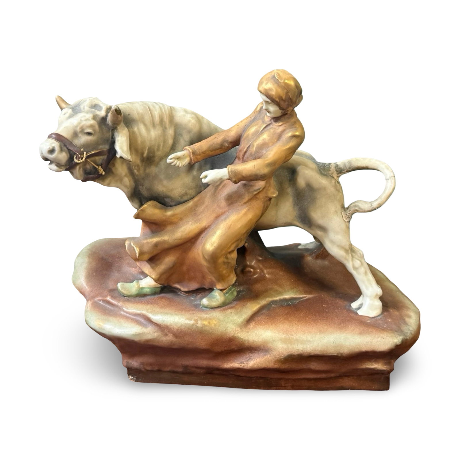 Hungarian Herend Toldi Bull Figure: Herend Hungary porcelain figurine Toldi and the Bull (model 5474), of Hungarian folk hero Miklós Toldi wrestling a bull, inspired by János Arany's epic poem. Approx. Dimensions: H x W x D inches