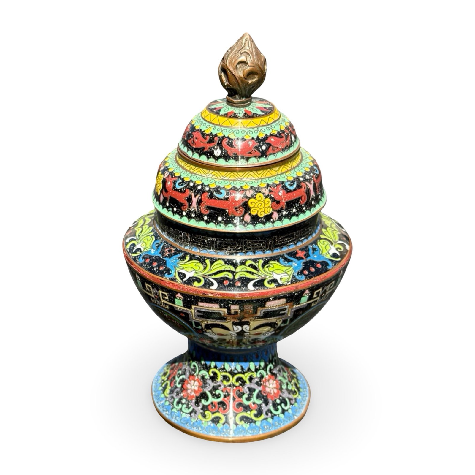 Chinese Cloisonné Incense Censer: Chinese cloisonné enamel incense censer or burner, 3-piece modular form with turqouise enamel interior. Approx. Dimensions: 8H x 5W x 5D inches
