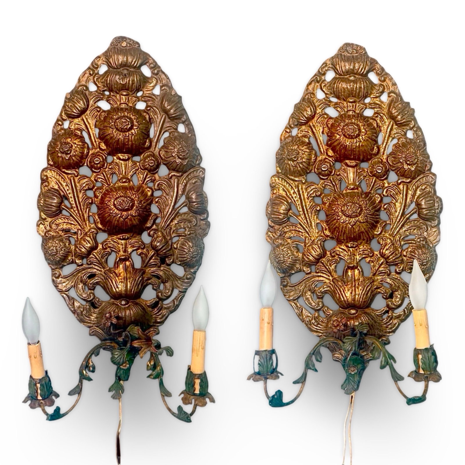 Italian Baroque Repousse Wall Sconces: Italian Baroque converted church sconces pair. Wall-mounted lighting with repoussé copper altar palmettes with acanthus leaves, sunflower motifs, scrolling candle arms, and aged bronze-gilt patina.