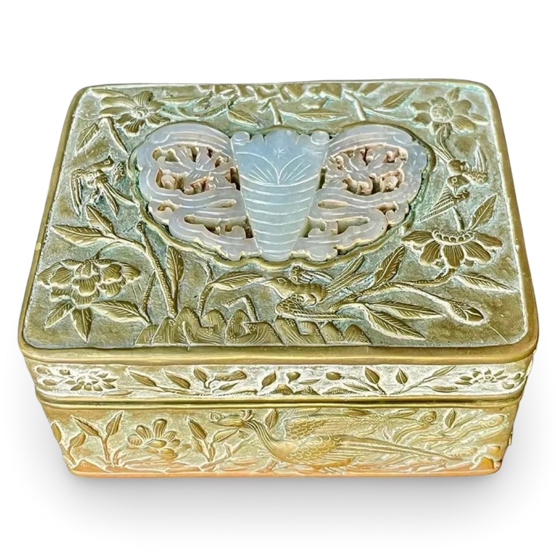 Chinese Incised Jade Brass Box: Antique Chinese decorative box made with incised brass and a carved jade inset on the lid. Dimensions: 2.5H x 3.5W x 4.5D inches
