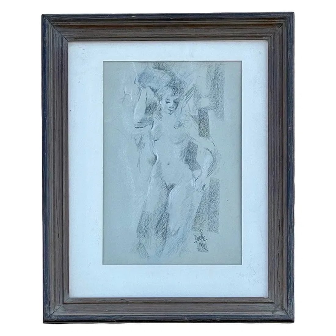 Nude Female Figure Drawing Portrait: Vintage female nude figurative life study drawing on paper attributed to Carole Orr, signed lower right. Matted and framed with artist information card on verso. Dimensions: 21H x 17W x 1D inches