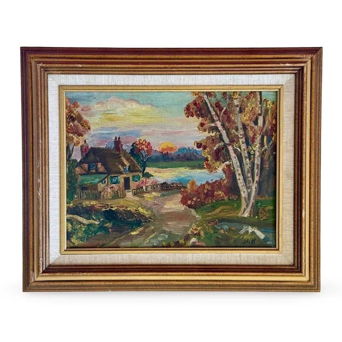 Impressionist Sunset Landscape Painting: Signed impressionist oil painting of cottage landscape with trees at sunset, set in a wood frame. Approx Dimensions: 14H x 17W x 1D inches