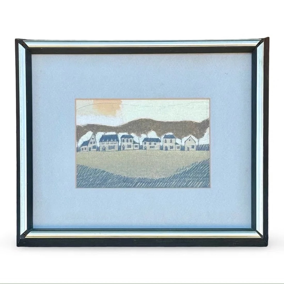 Rakoncay American Landscape Drawing: Landscape artwork by Frank Paul Rakoncay depicting houses and rolling hills. Signed, matted and framed with artist information on verso. Approx Dimensions: 9.5H x 11W x 2D inches