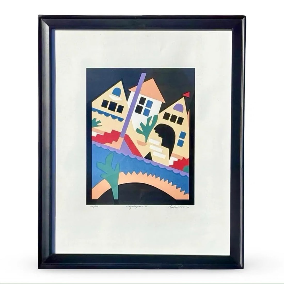 Conn Abstract Geometric Cityscape Print: Geometric abstract serigraph print “City Shapes III” by Richard Conn. Signed and numbered, edition 60/100. Matted and framed. Approx Dimensions: 22H x 18W x 1D inches