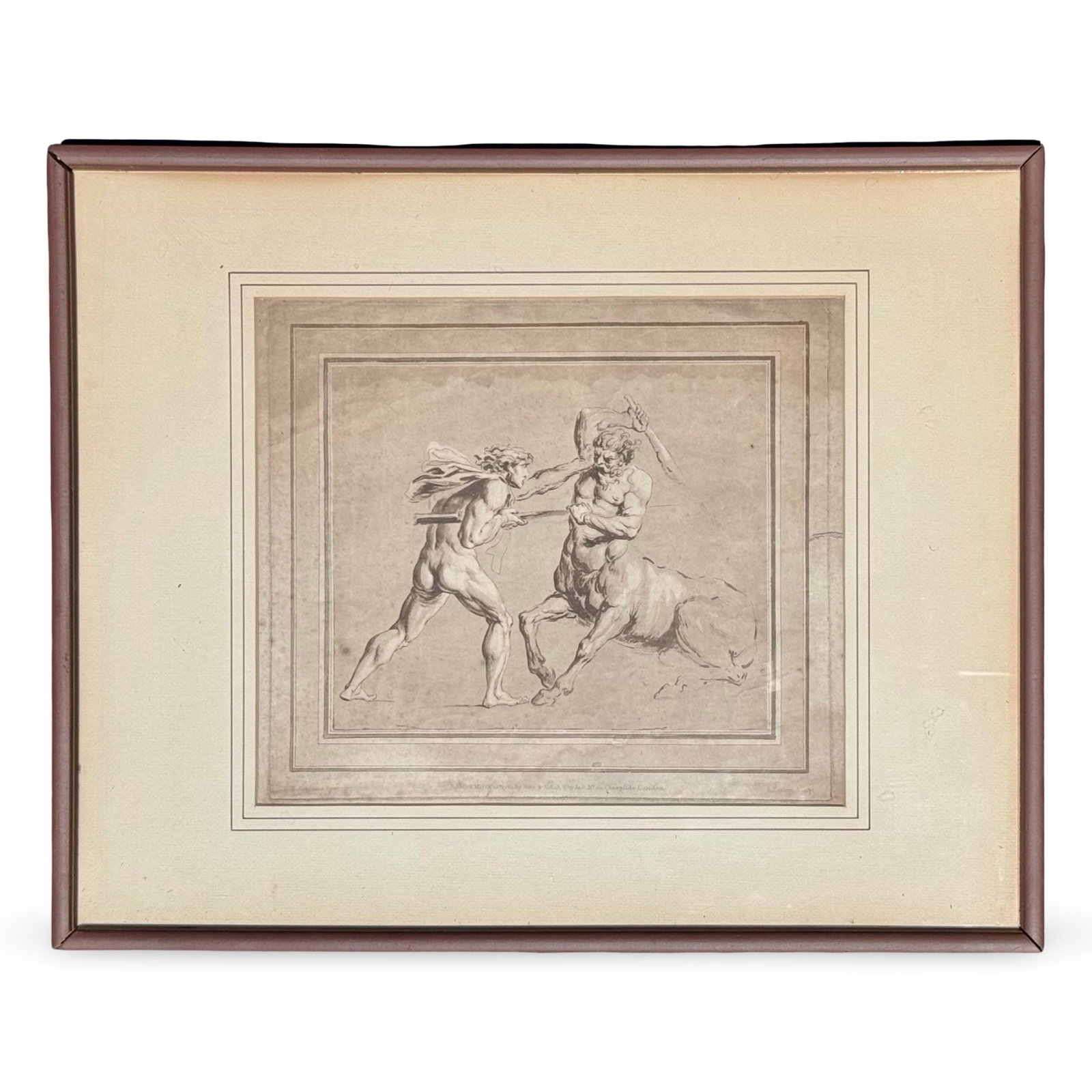 Neoclassical Cipriani Theseus Minotaur Etching: Antique Giovanni Battista Cipriani etching of Theseus and Minotaur, published by in 1789 by Josiah and John Boydell, London. Matted and presented in a wood frame. Approx. Dimensions: 17 H x 20.75 W x 