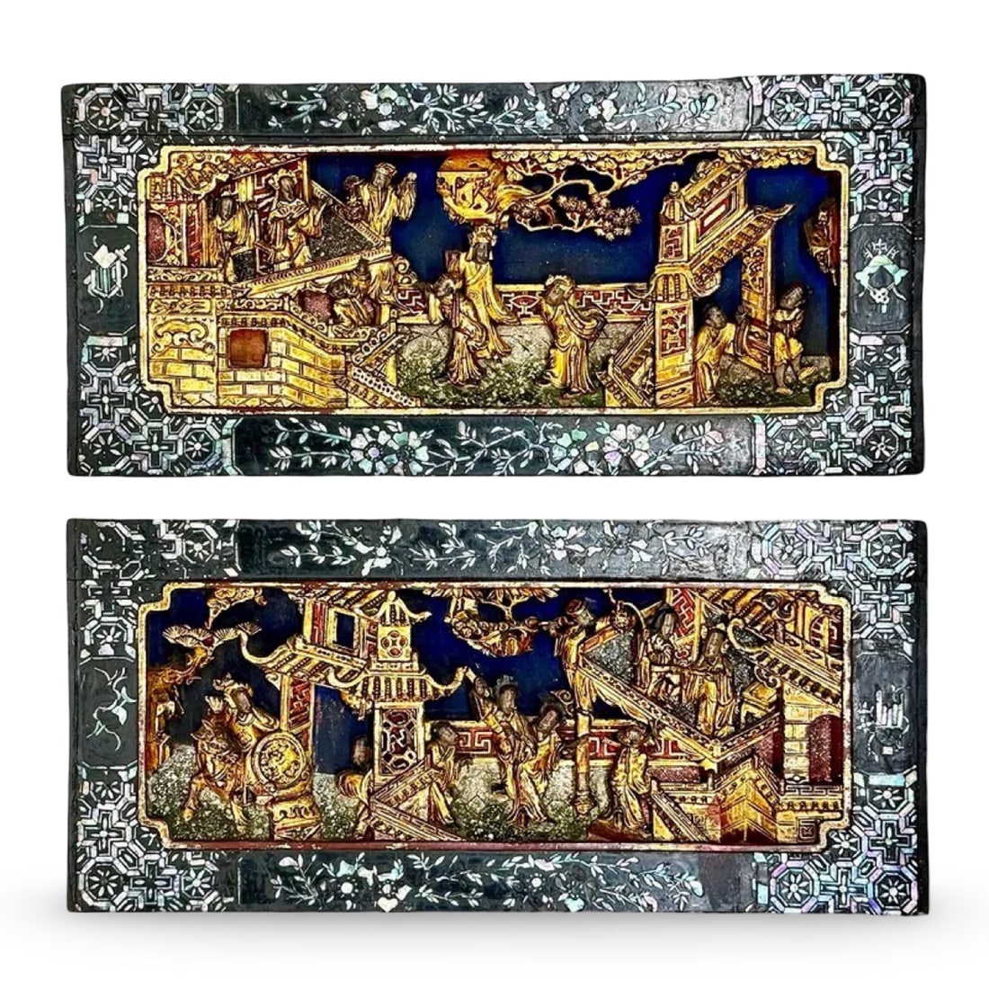 Chinese Giltwood Panels, Mother of Pearl: Chinese Giltwood Panels, Mother of Pearl A pair of antique Chinese giltwood carved panels featuring intricate high-relief carvings and delicate mother-of-pearl inlay. Dimensions: 17.5W × 1D × 8H in