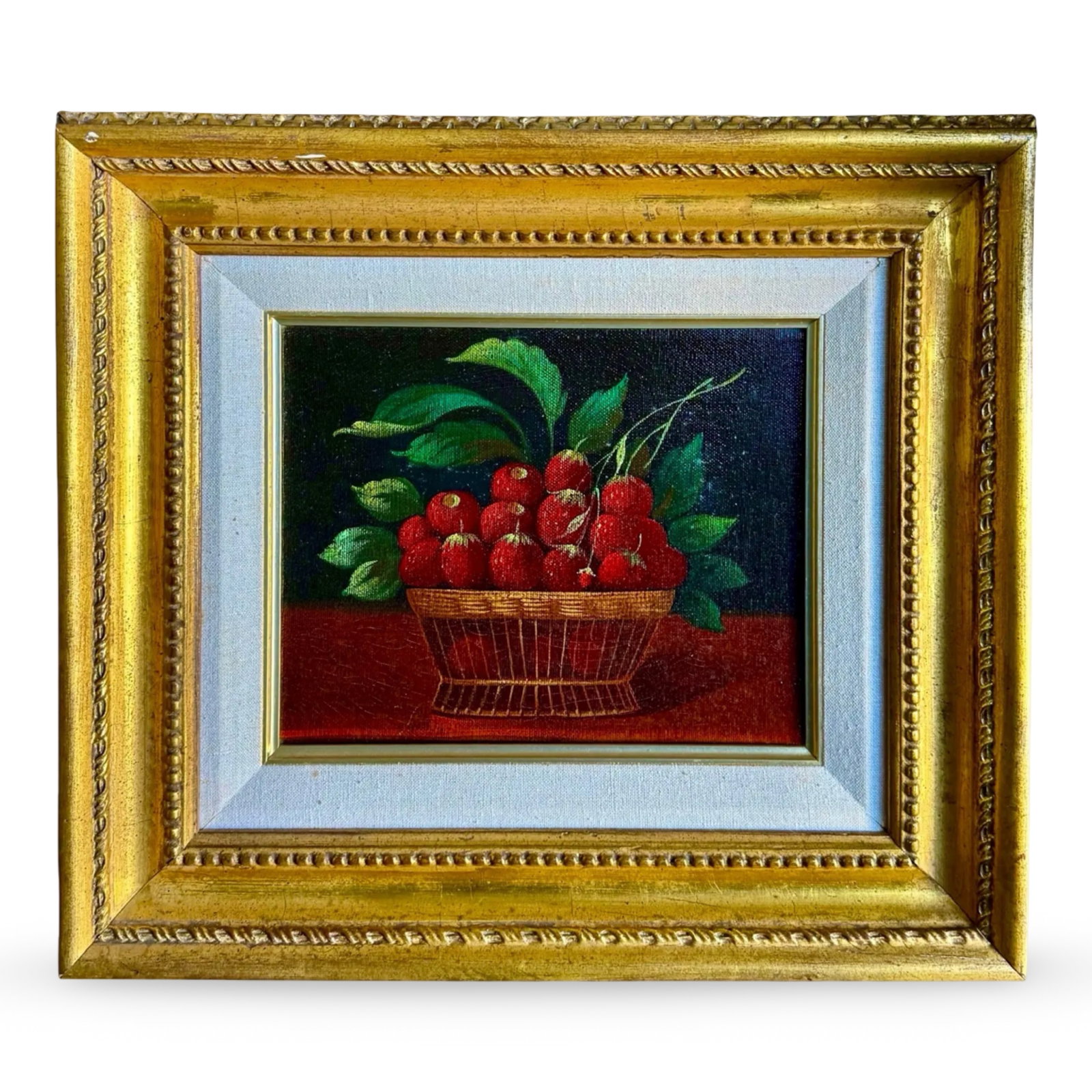 Antique Strawberries Still Life Oil Painting: Antique Strawberries Still Life Oil Painting Antique still life oil painting depicting a basket of strawberries on a tabletop. Rendered with a dark contrasting background and naturalistic use of light