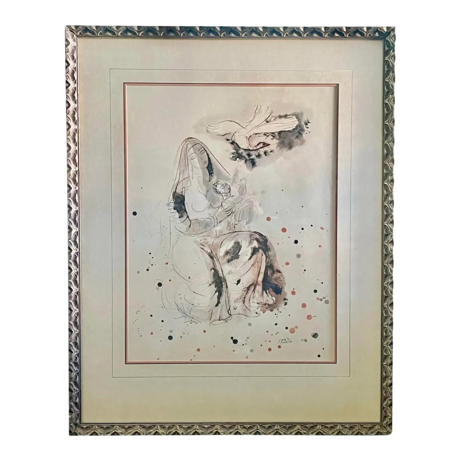 Reuven Rubin Original Lithograph Print: Vintage color lithograph print titled Mother and Child by artist Reuven Rubin, matted and set in a wooden frame.