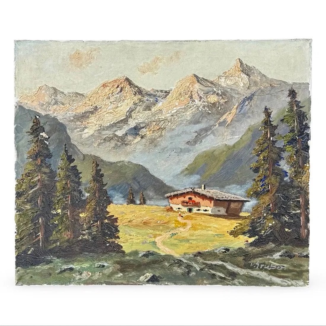 Gruber European Landscape Painting: Vintage impressionist oil painting of an European Alpine mountain landscape, signed 'Gruber'. Set in a wood frame with the original label on verso. Approx Dimensions: 20H x 24W x 1D inches