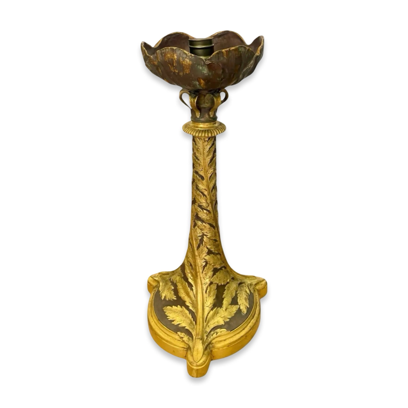 Neoclassical Bronze Continental Lamp: Antique French gilt bronze table lamp with neoclassical acanthus leaf design, ormolu finish, sculptural base.