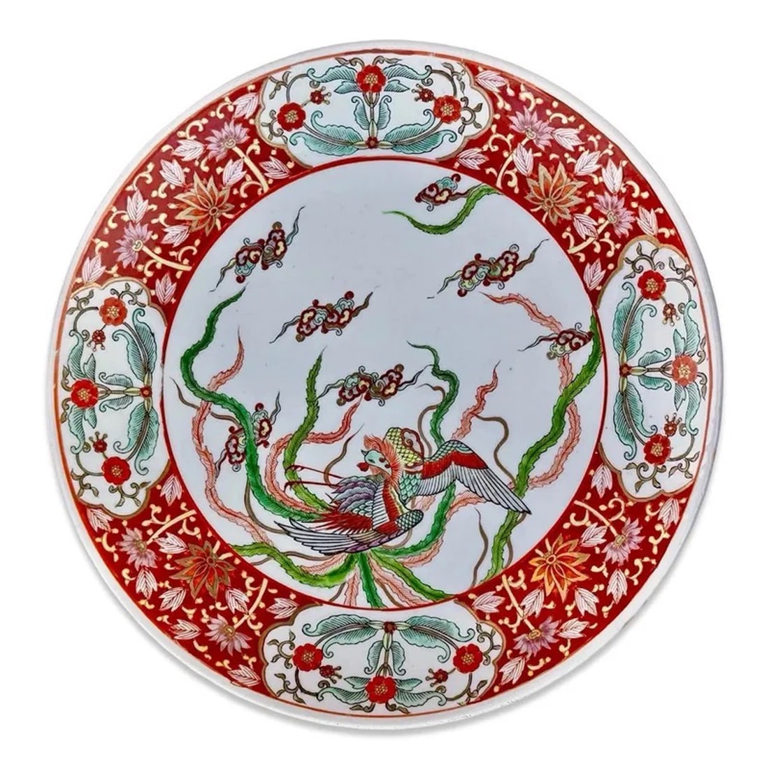 Japanese Imari Phoenix Charger Plate: Japanese Artita Imari porcelain charger plate with phoenix and floral border. Approx. Dimensions: 1.75H x 12.5W x 12.5D inches