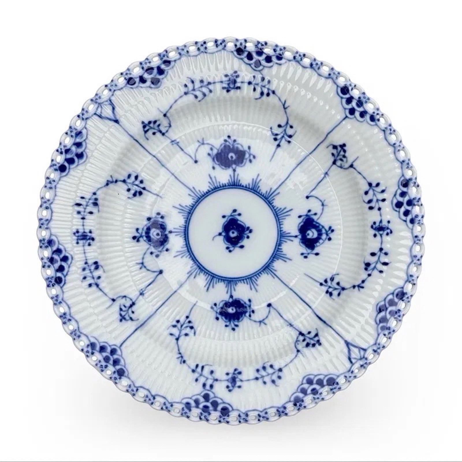 Royal Copenhagen Full Lace Plate: Royal Copenhagen Danish full lace porcelain plate with cobalt floral motifs. Marked on base. Approx. Dimensions: 1.5H x 10W × 10D inches