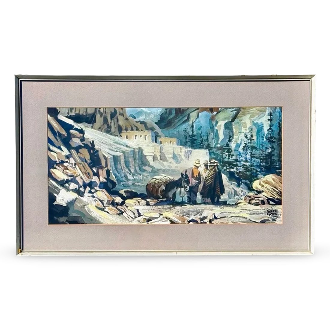 Watercolor Desert Landscape Painting: Watercolor painting of a canyon scene by Geoff Green. Signed, matted, and framed with the original framer's sticker. Dimensions: 16.75H x 27.75W x 1D inches
