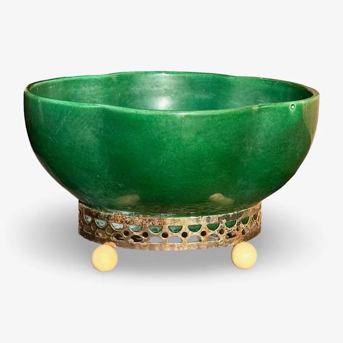 RDONEX Mid-Century Planter: Vintage green glazed ceramic bowl with pierced decorative metal stand with ball feet. Marked on base. Approx. Dimensions: