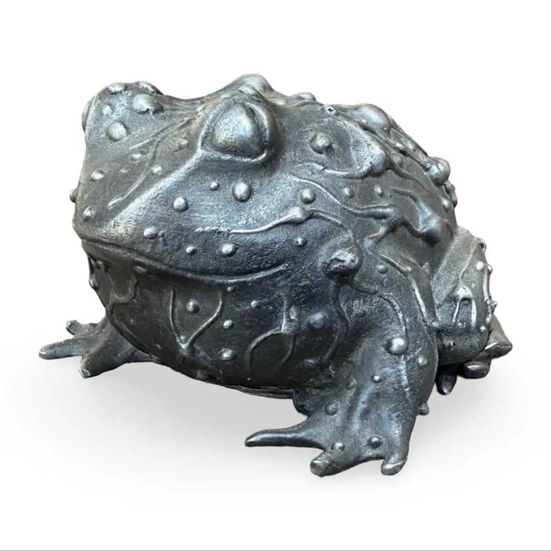 Karen Callan Pewter Frog Sculpture: Pewter frog sculpture by Karen Callan. Marked on base (removable). Approx. Dimensions: 2H x 2.5W x 3D inches