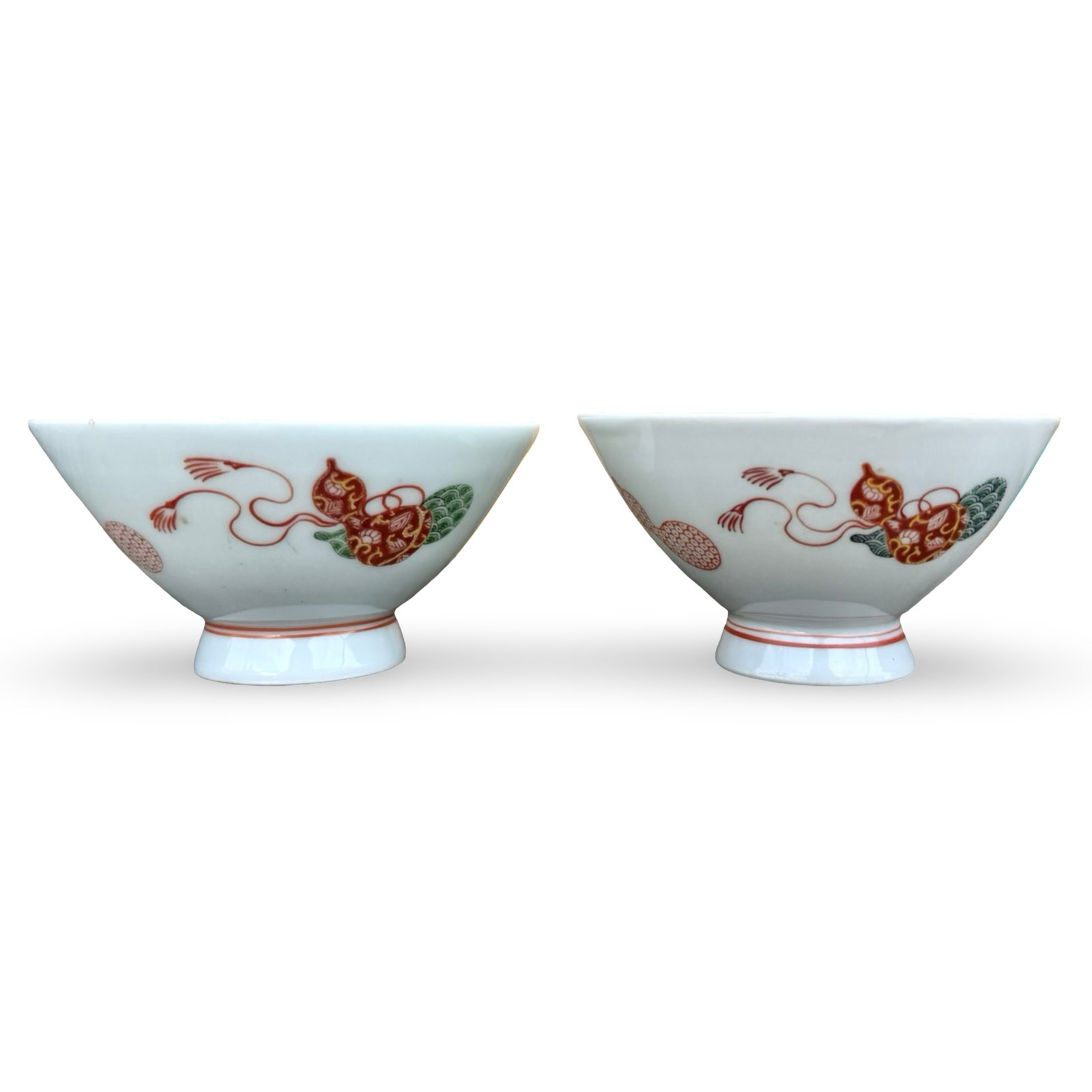 Japanese Arita Bowls Cups Pair: Japanese Arita ware porcelain cups or bowls with gourd motif. Marked on bases. Approx. Dimensions: 2.5H x 5W x 5D inches