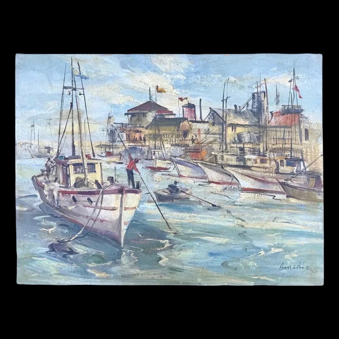 Impressionist Harbor Boats Oil Painting: Impreesionist oil painting of coastal harbor scene with boats. Signed.