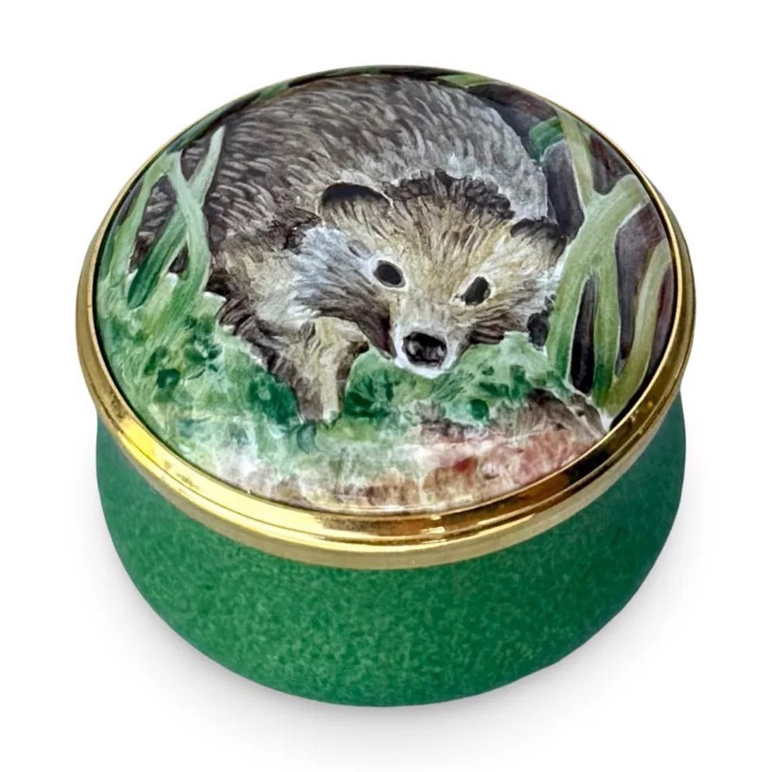 Elliot Hall Hedgehog Wildlife Enamel Box: Elliot Hall Enamels hedgehog wildlife trinket box, hand-painted by Angela Roberts. Signed and marked, with foliate motif on interior of lid.