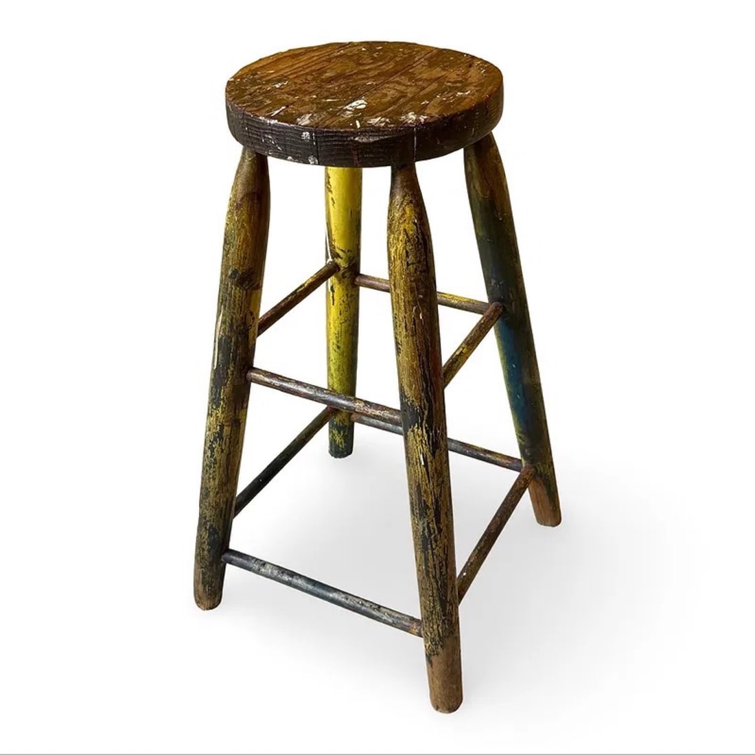 Industrial Rustic Artist Stool Wood: Industrial artistâ€™s stool with splayed legs and stretchers, heavy distressing and traces of multicolored yellow paint, in a rustic primitive style.
