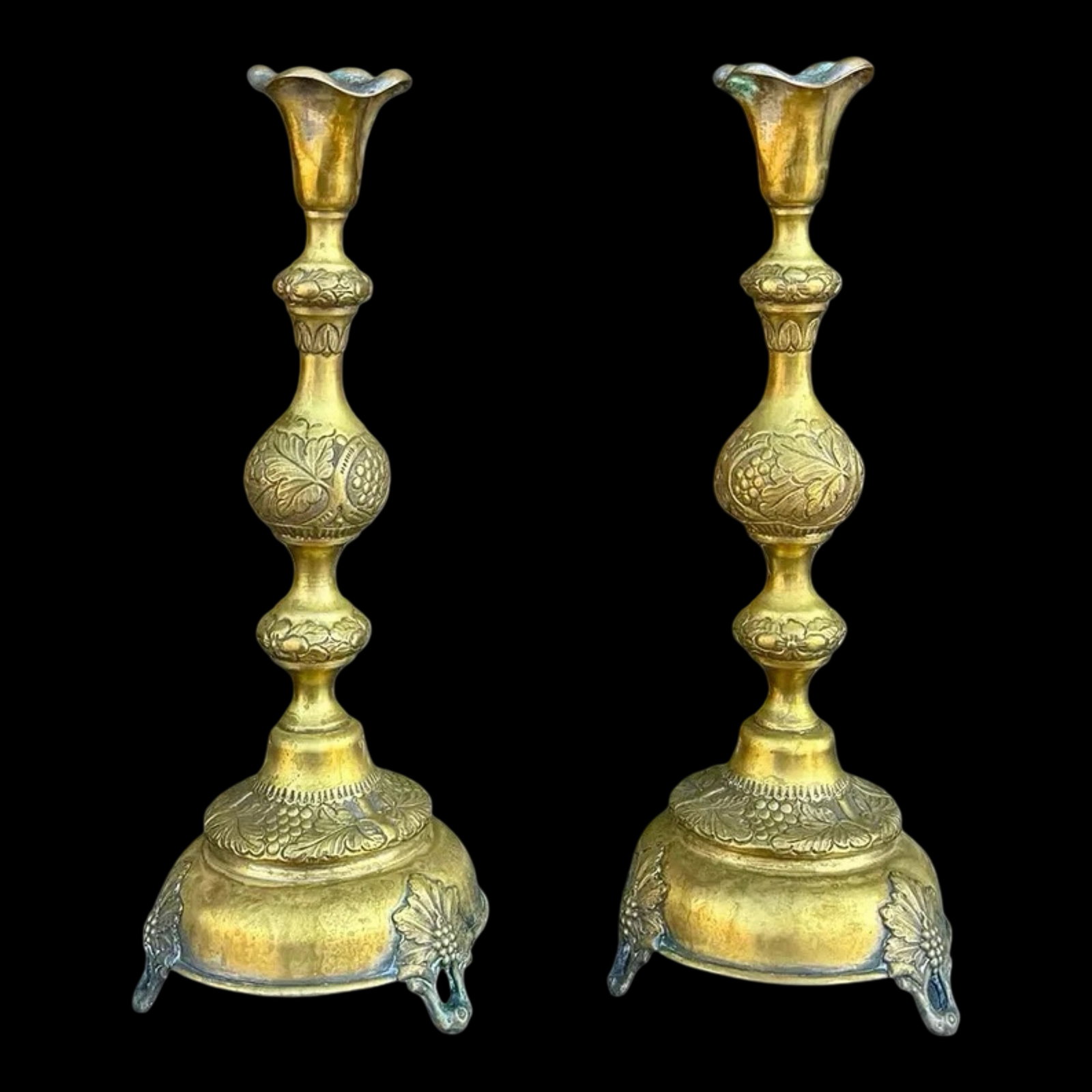 Polish Brass Grapevine Candle Holders: Polish Brass metal Grapevine footed Candlestick Holders Dimensions: 5W Ã— 5D Ã— 14H inches
