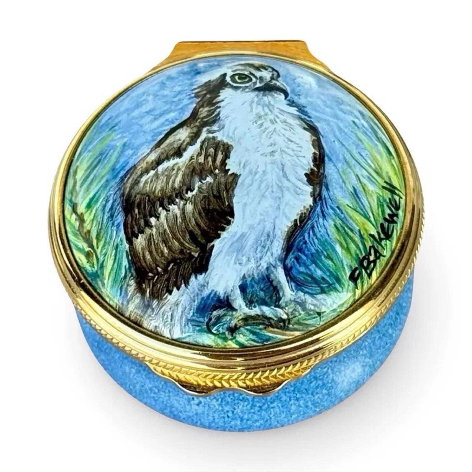 Elliot Hall Hawk Wildlife Enamel Box: Elliot Hall Enamels limited-edition wildlife avian trinket box with a hawk, hand-painted. Signed and marked on base. Approx. Dimensions: 1H x 1.25W x 1.25D inches