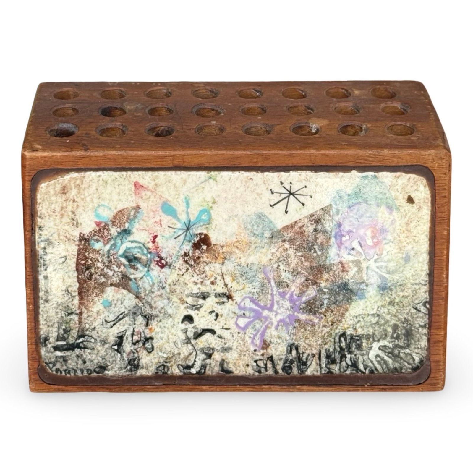 Lee Porzio Ceramic Tile Pencil Holder: Vintage mid-century wooden pencil by Lee Porzio with hand-painted ceramic tile signed “PORZIO”. Approx. Dimensions: 4 H x 6.5 W x 3.75 D inches
