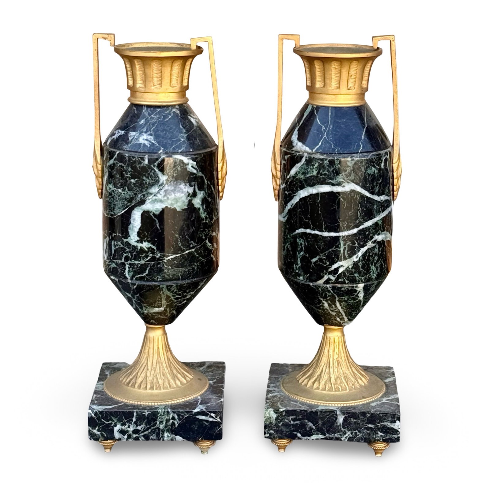 French Ormolu Marble Cassolettes Pair: Antique 19th-century French Neoclassical cassolettes urns pair with marble and gilt-bronze ormolu mounts.